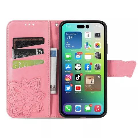 Vlinder Wallet kunstleer hoesje voor iPhone 14 - roze