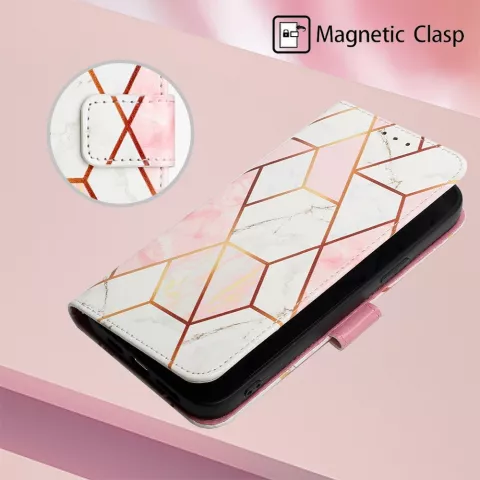 Rose Marble Wallet kunstleer hoesje voor iPhone 14 Pro - wit en roze
