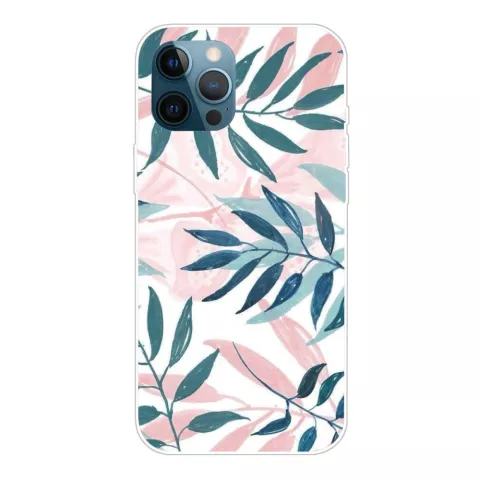 Pastel Leaves TPU hoesje met bladeren voor iPhone 14 Pro Max - roze en wit