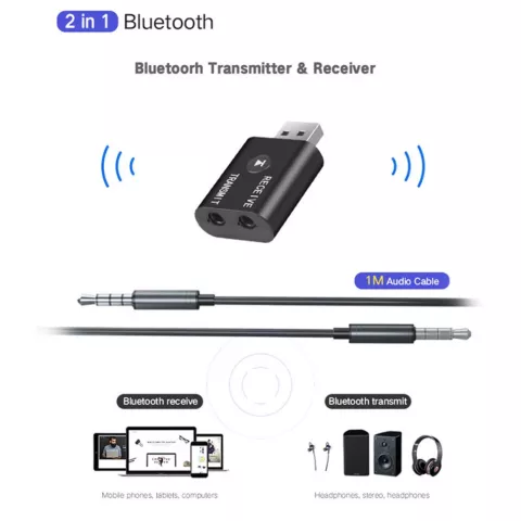 Bluetooth Transmitter &amp; Receiver met USB-A AUX/Jack 2-in-1 Adapter Zender en Ontvanger