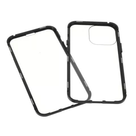 Just in Case Magnetic Metal Tempered Glass Cover hoesje voor iPhone 13 Pro - zwart en transparant