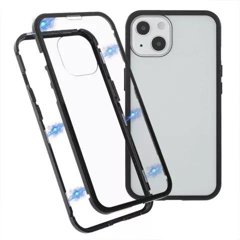 Just in Case Magnetic Metal Tempered Glass Cover hoesje geschikt voor iPhone 13 mini - zwart en transparant