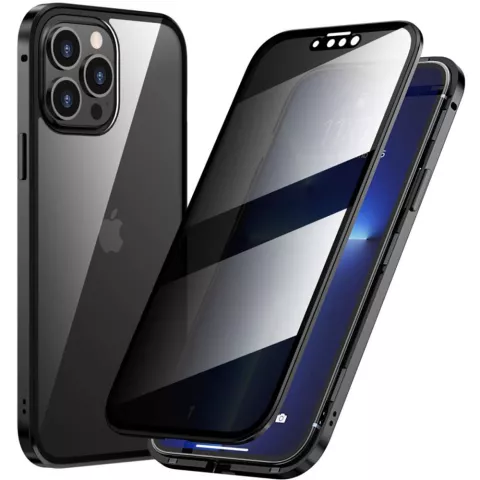Just in Case Magnetic Metal Privacy Tempered Glass Cover hoesje geschikt voor iPhone 13 Pro - zwart