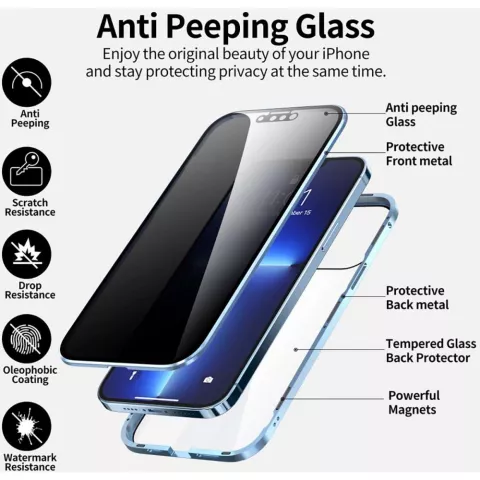 Just in Case Magnetic Metal Privacy Tempered Glass Cover hoesje geschikt voor iPhone 13 Pro - zwart