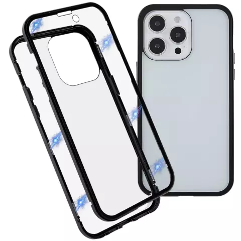 Just in Case Magnetic Metal Tempered Glass Cover hoesje voor iPhone 14 Pro - zwart en transparant