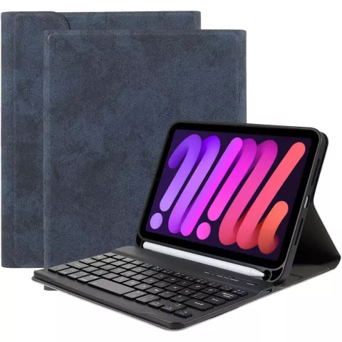 Just in Case Vintage Bluetooth Keyboard Cover QWERTY hoes geschikt voor iPad mini 6 (2021) &amp; iPad mini 7 (2024) - blauw