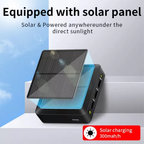 Solar Powerbank Oplader op Zonne-energie 10000mAh 3 USB-A Poorten met USB-C en Micro-USB - Zwart