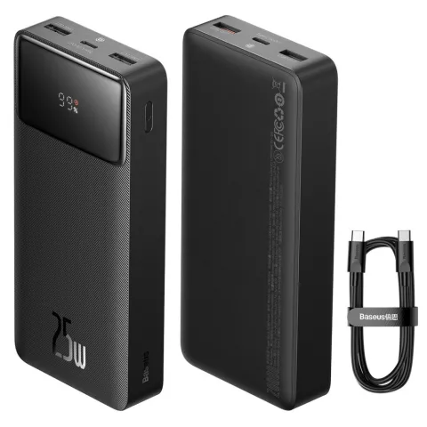 Baseus Bipow Powerbank 20000mAh 25W Quick Charge Dual USB-A en USB-C poort en kabel - Zwart