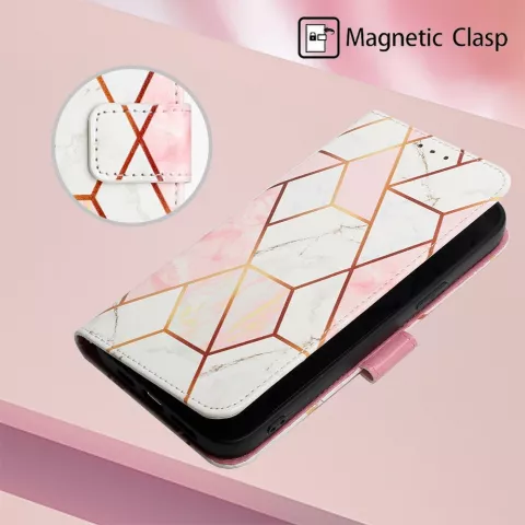 Rose Marble Wallet kunstleer hoesje voor iPhone 15 Plus - wit en roze