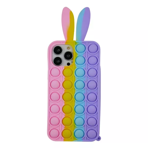 Bunny Pop Fidget Bubble siliconen hoesje voor iPhone 15 Pro Max - roze, geel, blauw en paars