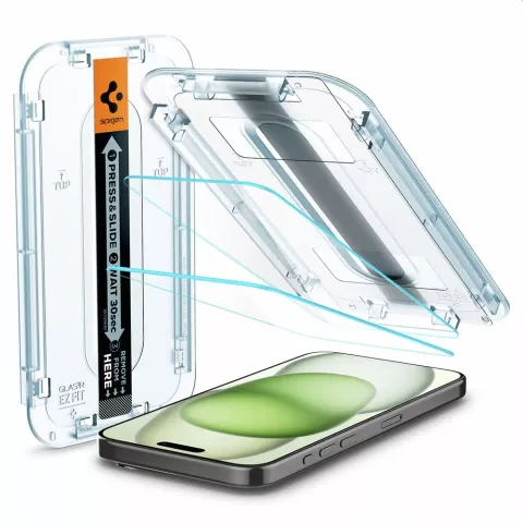 Spigen Glass Montage Frame EZ FIT 2 Pack AGL06883 Screenprotector voor iPhone 15 Plus - Transparant