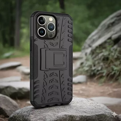 Shockproof Kickstand anti-slip kunststof en TPU hoesje geschikt voor iPhone 15 Plus - zwart
