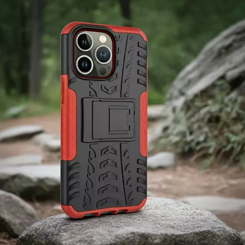 Shockproof Kickstand anti-slip kunststof en TPU hoesje geschikt voor iPhone 15 Pro Max - rood