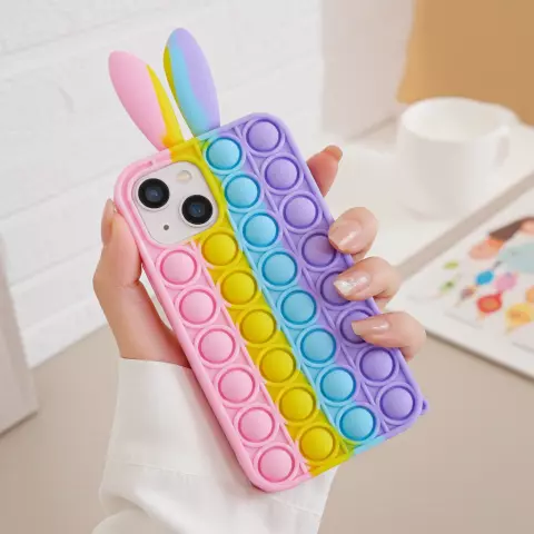 Bunny Pop Fidget Bubble siliconen hoesje geschikt voor iPhone 15 Pro - roze, geel, blauw en paars