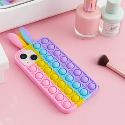 Bunny Pop Fidget Bubble siliconen hoesje geschikt voor iPhone 14 - roze, geel, blauw en paars
