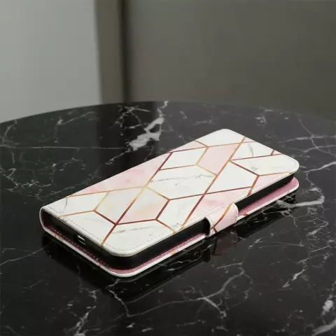 Rose Marble Wallet kunstleer hoesje geschikt voor iPhone 12 en 12 Pro - wit en roze