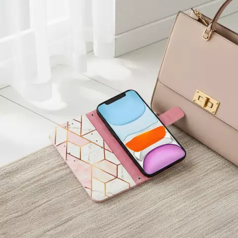 Rose Marble Wallet kunstleer hoesje geschikt voor iPhone 13 - wit en roze