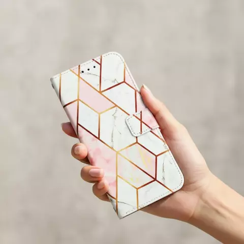 Rose Marble Wallet kunstleer hoesje geschikt voor iPhone 16 Pro Max - wit en roze