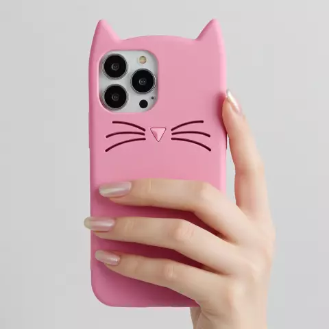 Schattige kat siliconen hoesje geschikt voor iPhone 16 Plus - roze