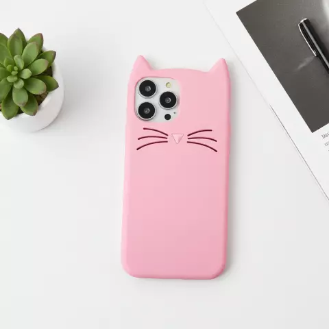 Schattige kat siliconen hoesje geschikt voor iPhone 16 Plus - roze
