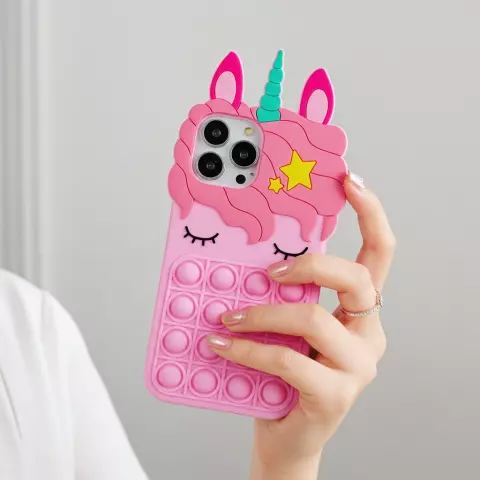 Unicorn Pop Fidget Bubble siliconen eenhoorn hoesje geschikt voor iPhone 13 Pro - roze