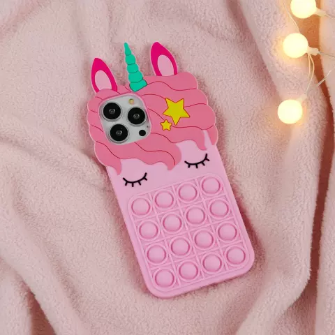 Unicorn Pop Fidget Bubble siliconen eenhoorn hoesje geschikt voor iPhone 13 Pro - roze