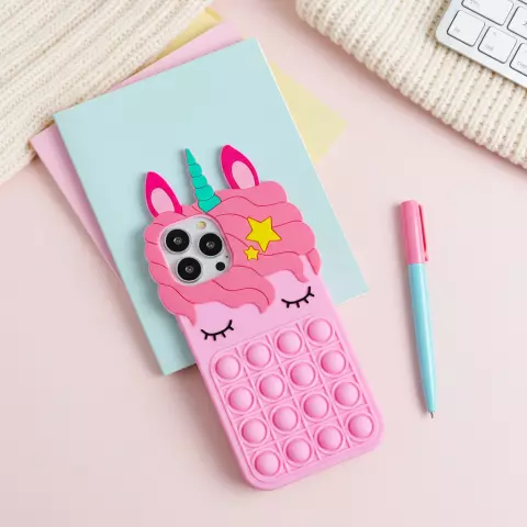 Unicorn Pop Fidget Bubble siliconen eenhoorn hoesje geschikt voor iPhone 13 Pro - roze