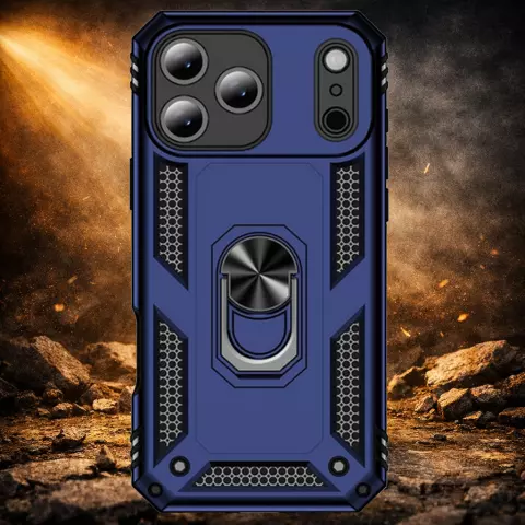 iPhone 18 Pro Hoesje Blauw &ndash; Schokbestendige Rugged Armor Cover met Metalen Ringhouder (Geschikt voor iPhone 18 Pro)