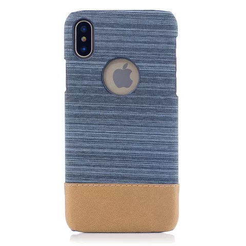 Stofblauw leerbruin combinatie hoesje iPhone X XS hardcase cover