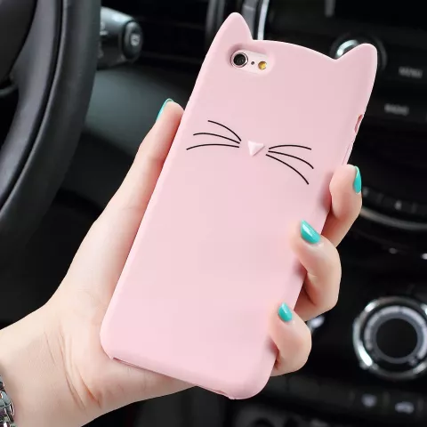 Schattige Kat snorharen iPhone 6 6s hoesje cover case kitten oortjes - Roze