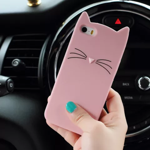 Schattige Kat snorharen iPhone 5 5s SE 2016 hoesje case cover kitten - Roze