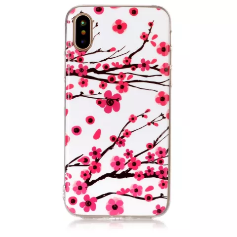 Hoesje iPhone X XS rode takken bloemen lente TPU wit