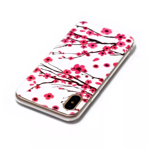 Hoesje iPhone X XS rode takken bloemen lente TPU wit