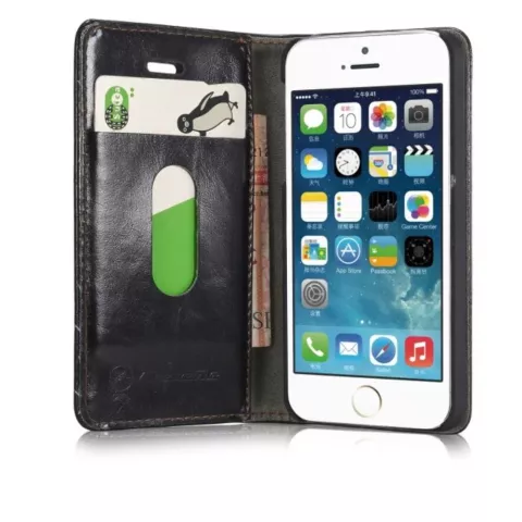 Caseme Oil Wallet lederen case geschikt voor iPhone 5 5s SE 2016 - Bookcase Zwart
