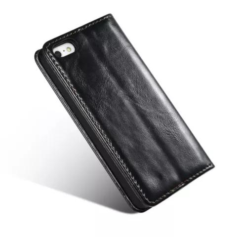 Caseme Oil Wallet lederen case geschikt voor iPhone 5 5s SE 2016 - Bookcase Zwart