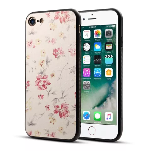 Bloemenprint iPhone 7 8 SE 2020 SE 2022 hybride TPU PU leer hoesje - Roze cr&egrave;me kleur