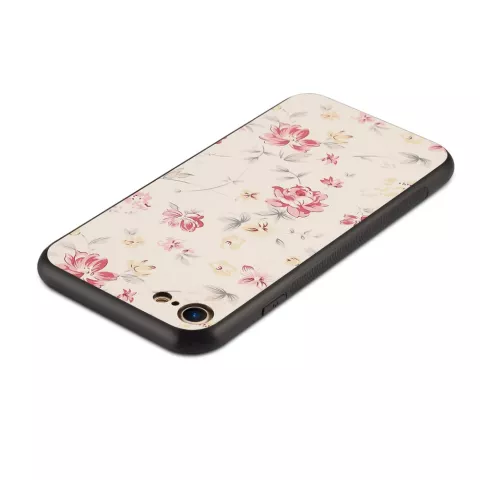 Bloemenprint iPhone 7 8 SE 2020 SE 2022 hybride TPU PU leer hoesje - Roze cr&egrave;me kleur