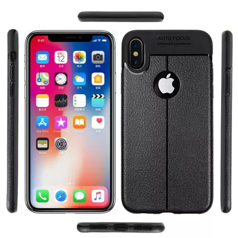 Litchi Grain lederen iPhone X XS TPU hoesje - Zwart