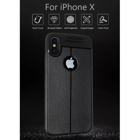 Litchi Grain lederen iPhone X XS TPU hoesje - Zwart