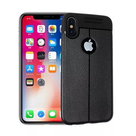 Litchi Grain lederen iPhone X XS TPU hoesje - Zwart