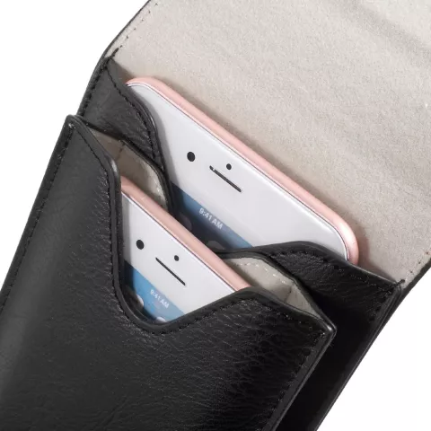 Lederen Pouch dubbel hoes iPhone universeel - Zwart Karabijnhaak