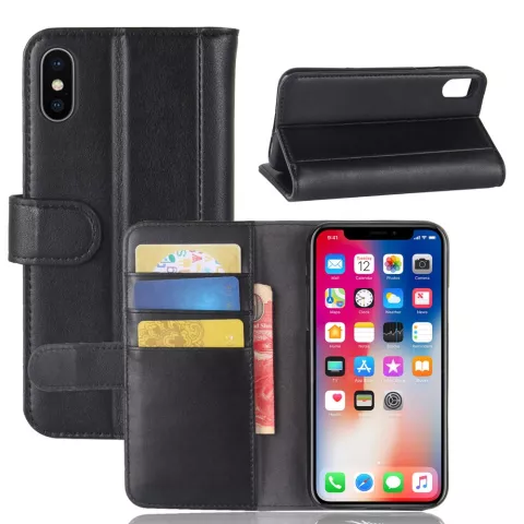 Echt leer wallet pasjes hoesje iPhone X XS - Zwart