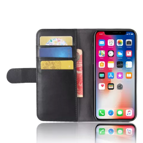 Echt leer wallet pasjes hoesje iPhone X XS - Zwart