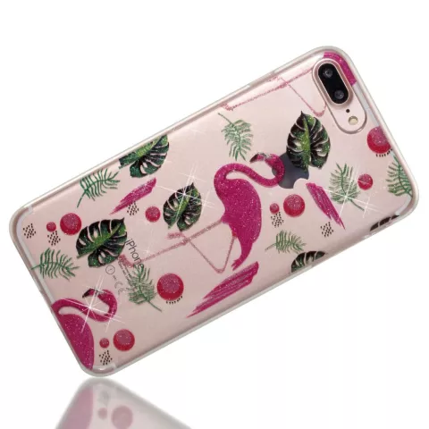 Flamingo tropische glitter TPU hoesje iPhone 7 Plus 8 Plus - Doorzichtig Roze Groen