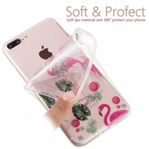 Flamingo tropische glitter TPU hoesje iPhone 7 Plus 8 Plus - Doorzichtig Roze Groen