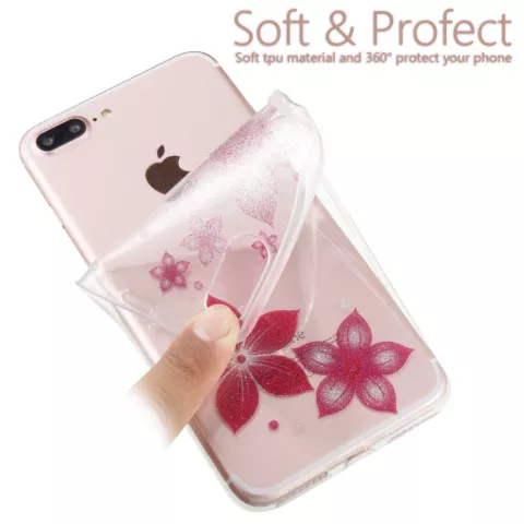 Glitter bloem hoesje TPU iPhone 7 Plus 8 Plus - Transparant Roze