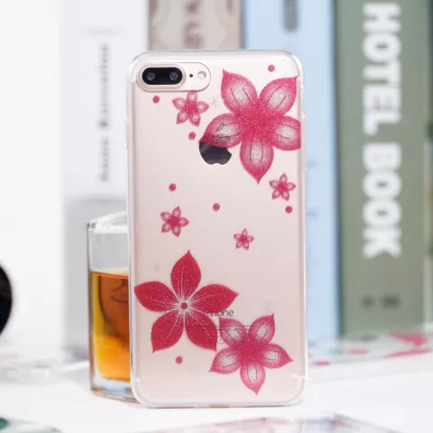 Glitter bloem hoesje TPU iPhone 7 Plus 8 Plus - Transparant Roze