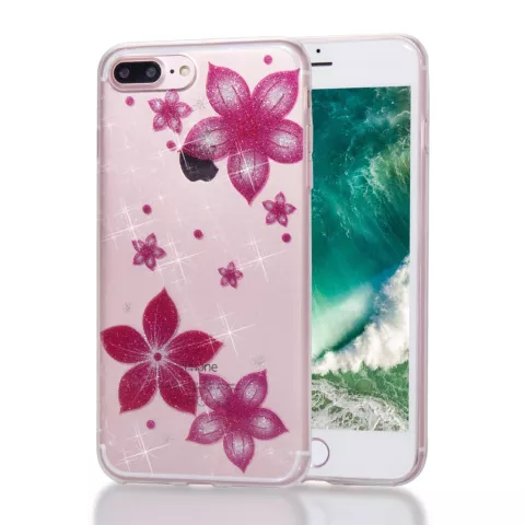 Glitter bloem hoesje TPU iPhone 7 Plus 8 Plus - Transparant Roze