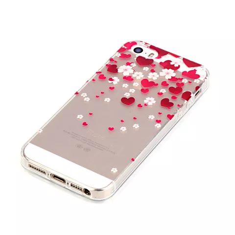 Hartjes liefde bloemetjes hoesje TPU iPhone 5 5s SE 2016 - Transparant Rood Roze