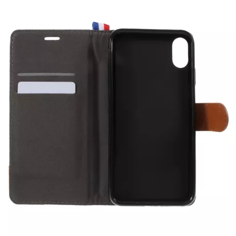 Lederen Fabric iPhone XS Max Bookcase hoesje Standaard - Bruin Zwart